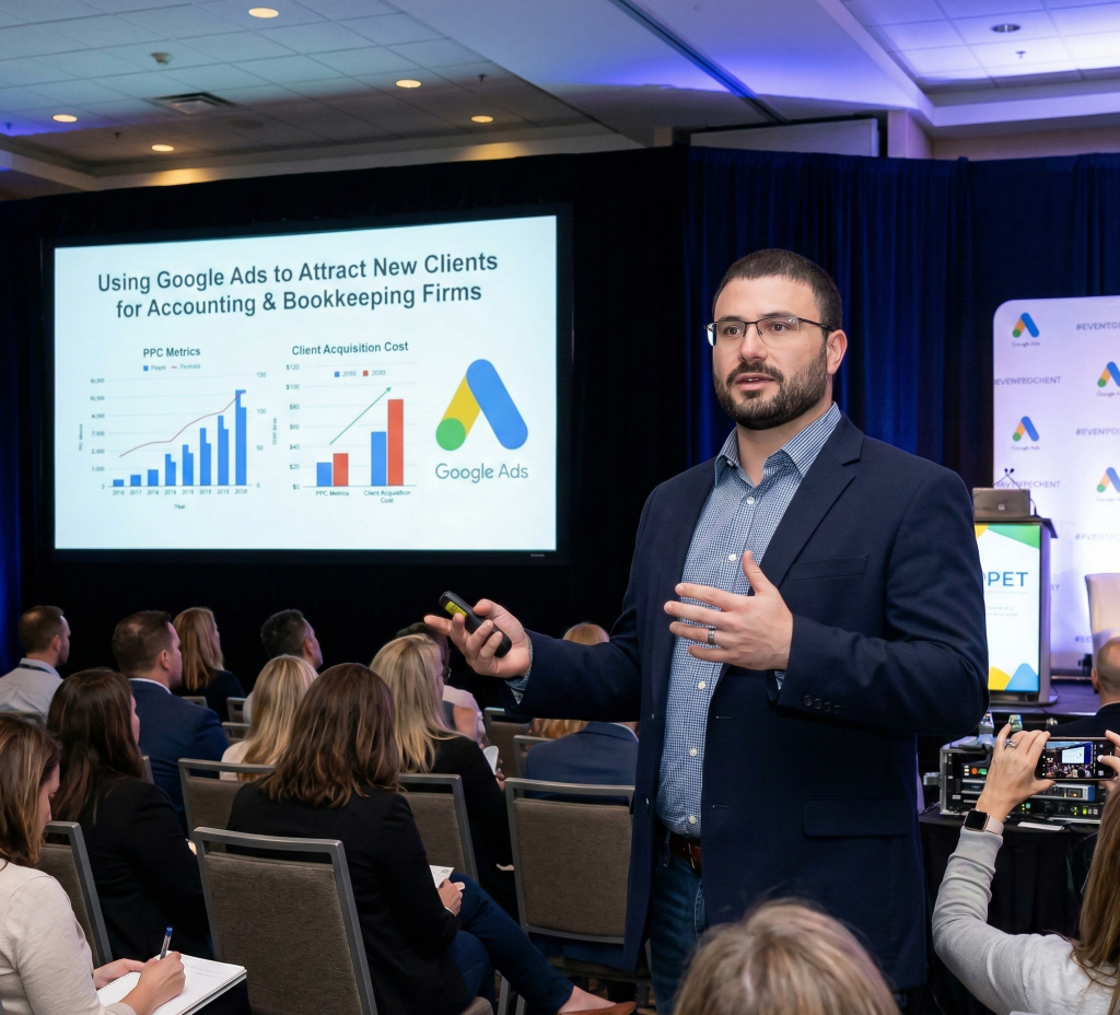 josh pack presenting at a conference about google ads for accountants and bookkeepers